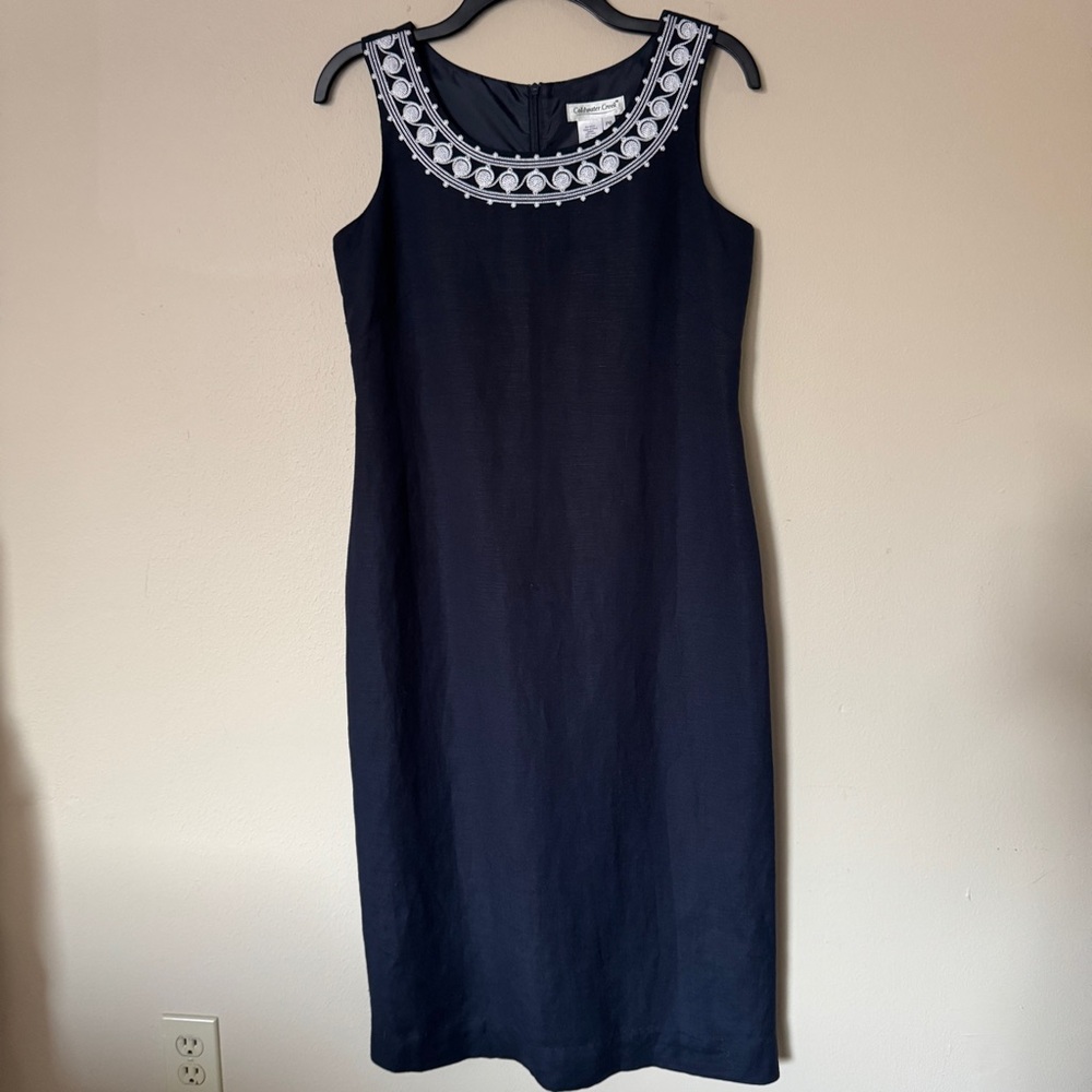 Coldwater Creek Dress Women's Size P6 Blue Linen/Rayon Sleeveless Embroidered